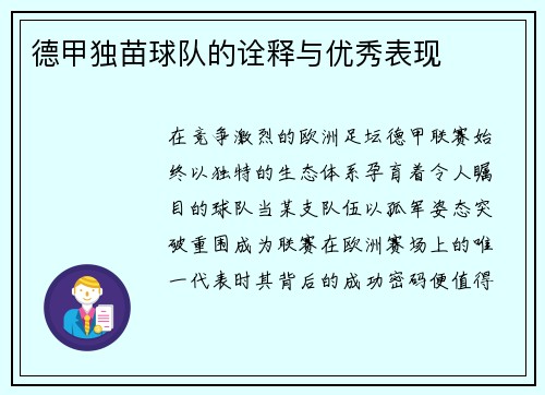 德甲独苗球队的诠释与优秀表现