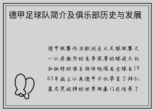 德甲足球队简介及俱乐部历史与发展