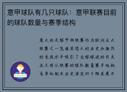 意甲球队有几只球队：意甲联赛目前的球队数量与赛季结构